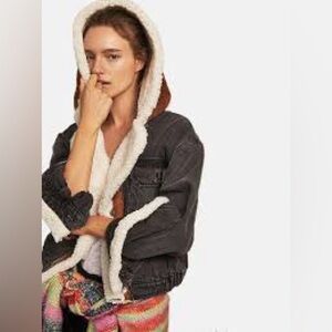 Free People Perry Hooded Denim Jacket Sherpa-Lined